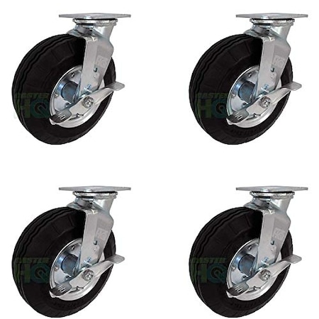 Casterhq 10"x3" Swivel Plate Caster W/ Brakes, Flat Free, No Flat Pneumat, PK4 FFSWSO4-TLB